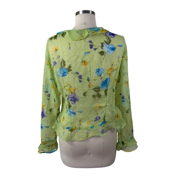 Boston Proper Y2K Blouse Top Womens 4 Green Floral Chiffon Sheer Cottage Fairy - Picture 4 of 9